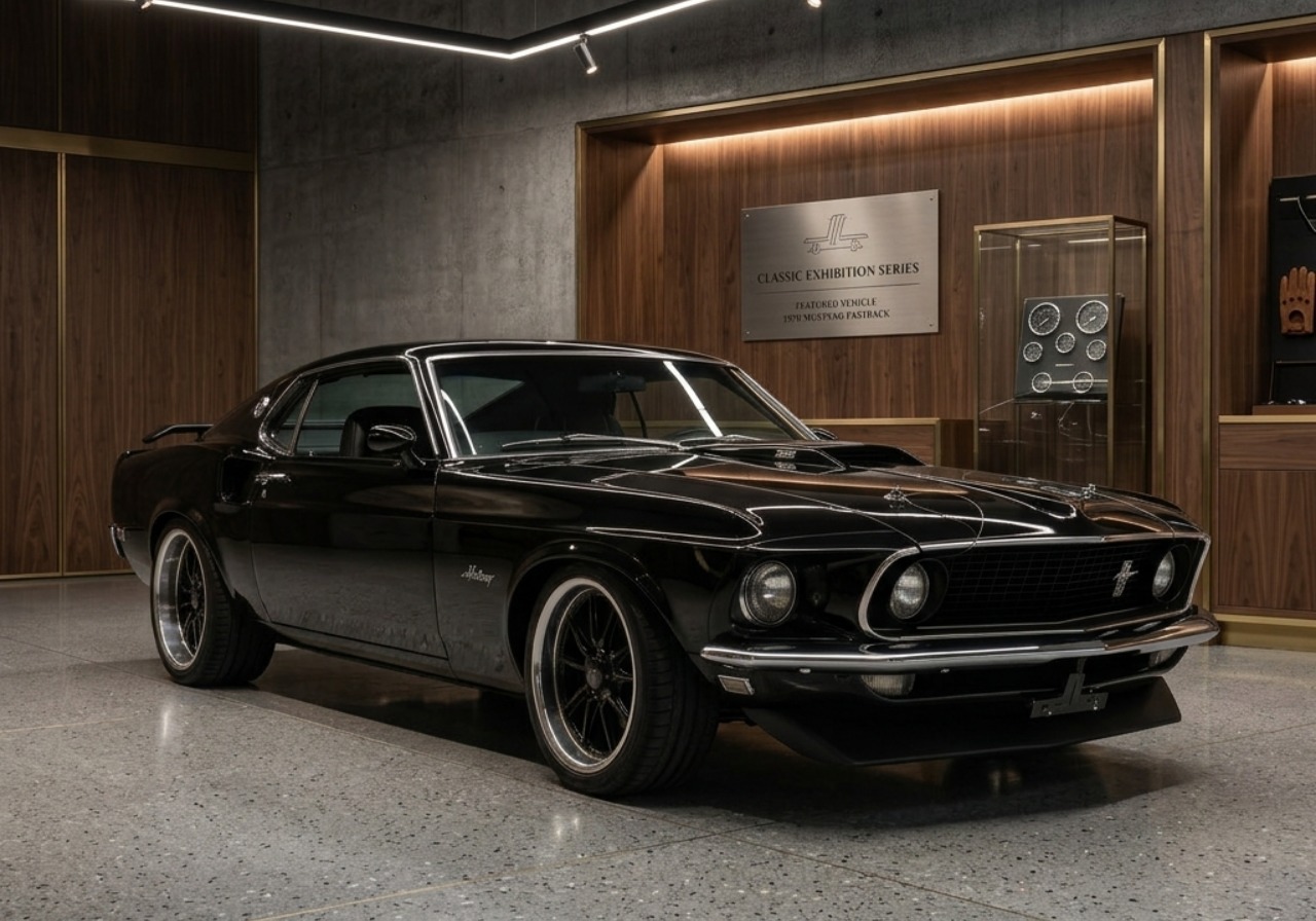 1969 Ford Mustang Fastback in a walnut-lined exhibition room