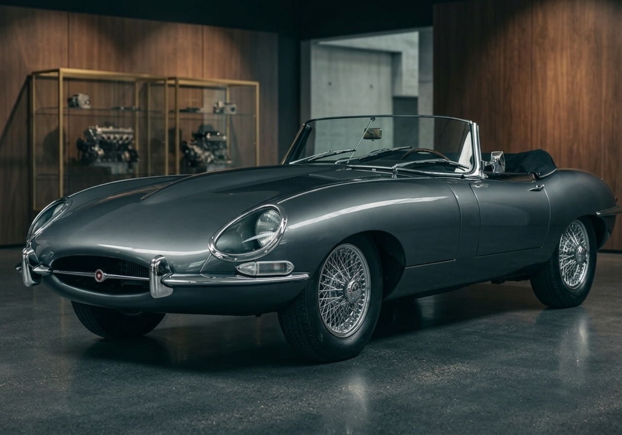 Jaguar E-Type roadster in a private showroom