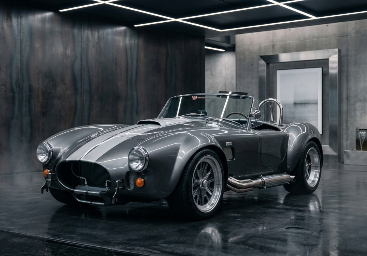 Shelby Cobra roadster under studio lighting