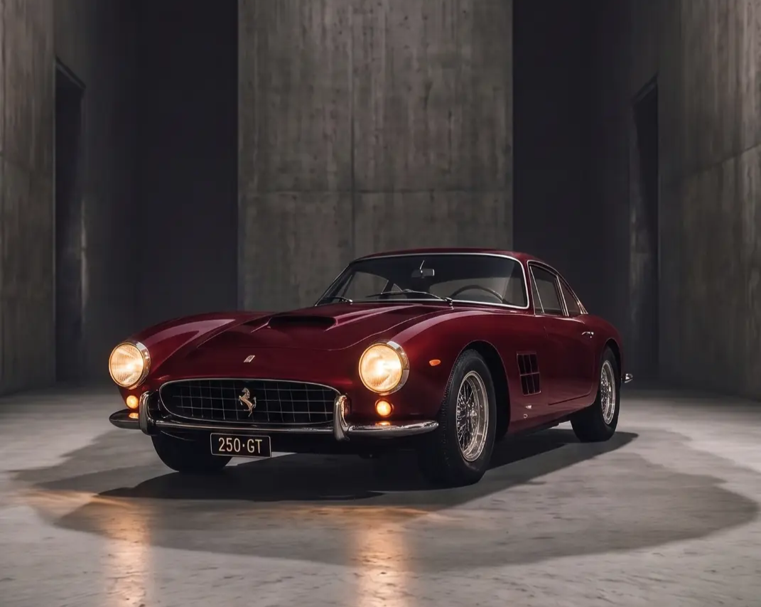 Dark red Ferrari 250 GT in a concrete vault